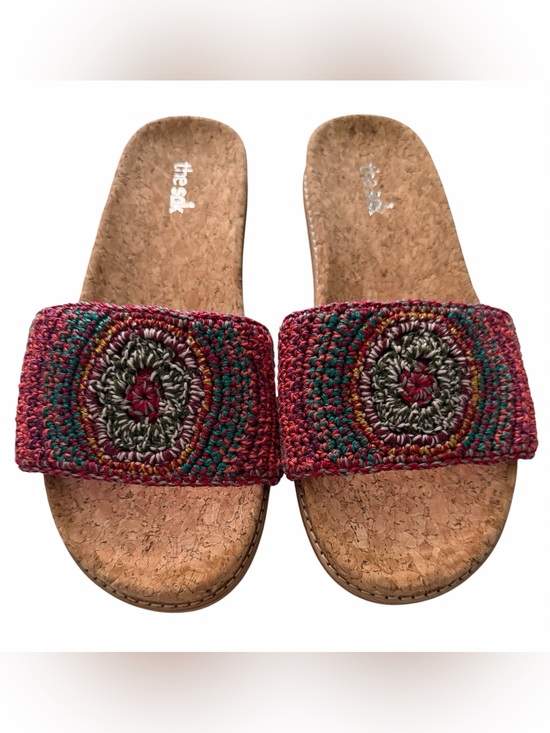 The Sak Shoes - The Sak Multicolor Crochet Sunset Stripe Medallion Cork Slide Sandals, NWOT